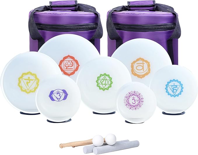 7-12Inch Set Of 7Pcs 432HZ Quartz Crystal Singing Bowls Set With Chakra Symbol Design 2Pcs With Heavy Duty Carrying Cases 2PCS Rubber Mallet 2PCS Suede Sticks For yoga Music Healing Meditation - Bloomnest