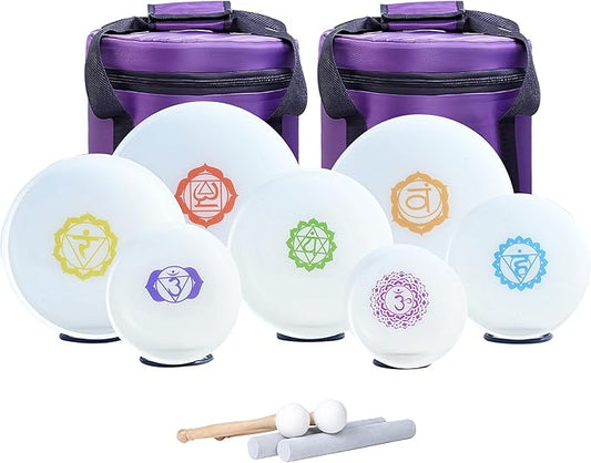 7-12Inch Set Of 7Pcs 432HZ Quartz Crystal Singing Bowls Set With Chakra Symbol Design 2Pcs With Heavy Duty Carrying Cases 2PCS Rubber Mallet 2PCS Suede Sticks For yoga Music Healing Meditation - Bloomnest