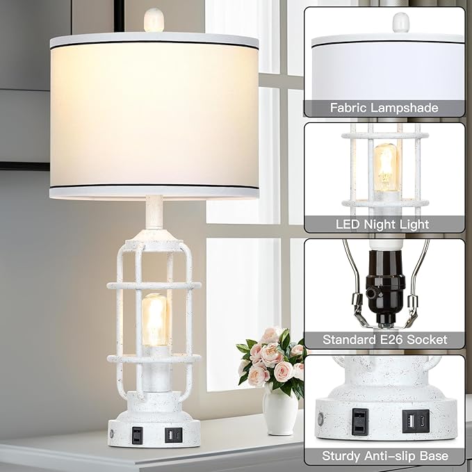Farmhouse Industrial Lamps with USB A+C Charging Ports & AC Outlet, 3 Way Dimmable Touch Control Vintage Rustic Table lamps for Living Room, White Retro Beside Nightstand Metal Modern Lamp for Bedroom - Bloomnest