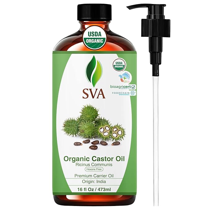 SVA Castor Seed Oil Organic - 16 Fl Oz – 100% Natural Cold Pressed Organic Castor Oil - for Face, Skin Care, Hair Care, Scalp Massage & Body Massage with Pump - Bloomnest