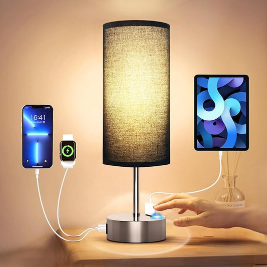 KPQ Small Bedside Lamp Touch Control Table Lamp with USB A+C Charging Ports & AC Outlet 3-Way Dimmable Nightstand Lamp with Linen Fabric Shade for Bedroom Living Room - Bloomnest