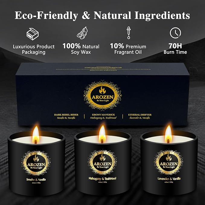 3 Pack Scented Candles Set | Men Candle Gift Set, Aromatherapy Scented Candles for Home, Gifts for Men Dad Fathers Day, Soy Candle of Lavender, Mahogany Teakwood & Smoke Vanilla,70H Burn Time - Bloomnest
