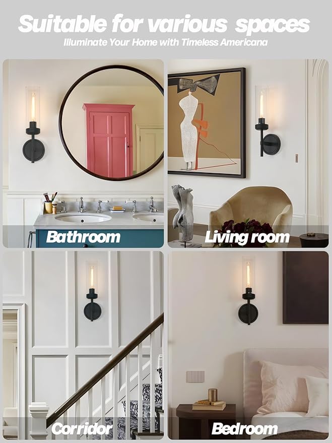 Modern Wall Sconces Set of Two, Black Bathroom Vanity Light with Handblown Clear Glass Hardwired Wall Sconce Light for Bathroom Mirror Bedroom Livingroom Hallway Indoor - Bloomnest