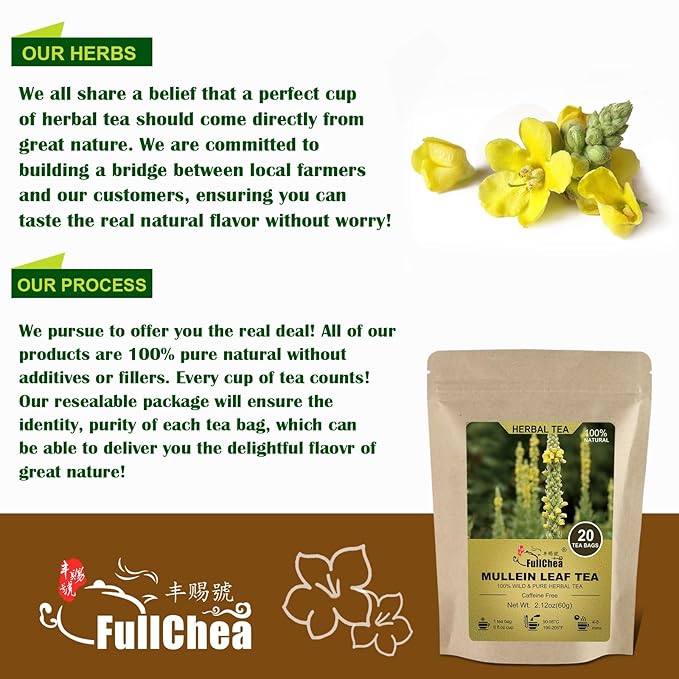 FullChea - Mullein Leaf Tea Bags, 20 Teabags, 3g/bag For Lungs - Non-GMO - Caffeine-free - Natural Healthy Herbal Tea - Bloomnest
