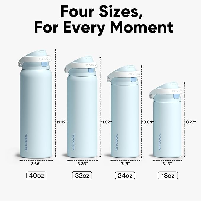 ENCOOL Leakproof Insulated Water Bottle with Straw Dual-Sip Water Bottle Bag-Safe Design for Work, Commute & Gym – Keeps Drinks Cold All Day, 18 oz, Frost Blue ENCOOL
