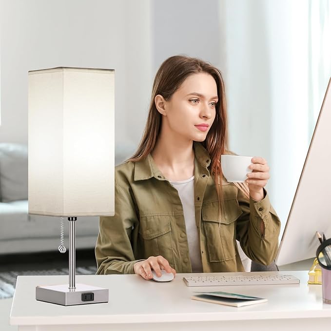 Table Lamp for Bedroom set of 2,3-Color Bedside Lamps with Pull Chain Table Lamps for Nightstand with AC Outlets,18'' Night Light Lamps with 2 Bulbs Lamps for Living Room Kids Office Decor（Nickel） - Bloomnest
