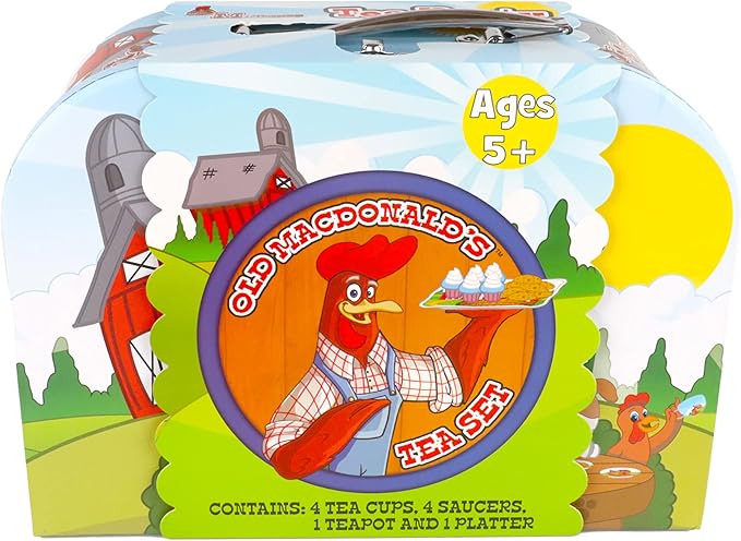 Regal Games Old Macdonald’s Tea Time - Barnyard Animal Designed Kid's Tea Time Set - Includes 1 Teapot, 4 Cups, 4 Saucers, 1 Platter & Storage Case - Ideal Birthday & Easter Gift for Ages 5+