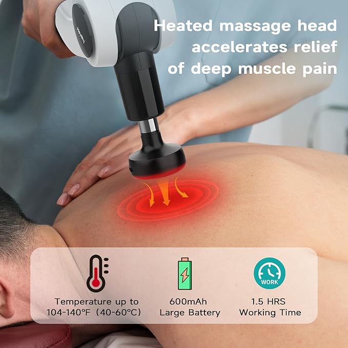 Deep Tissue Massage Gun with Heat, 12mm Amplitude Percussion Massager for Athletes & Muscle Relief, Professional Handheld Masssger Gun for Neck, Back, Shoulder, Leg, Gift for Men, White - Bloomnest