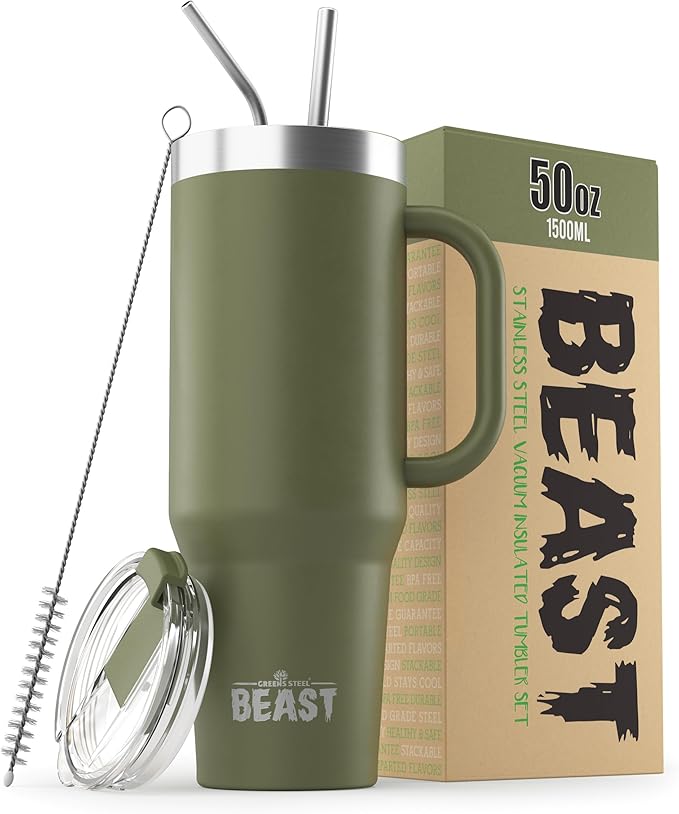 Beast 50 oz Tumbler Stainless Steel Vacuum Insulated Coffee Ice Cup Double Wall Travel Flask (Army Green) - Bloomnest