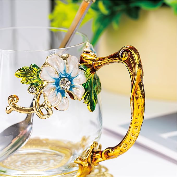 Flower Tea Cup ,Butterfly Daisy Clear Glass Fancy Coffee Mug with Spoon,Gift Box, Hot And Cold Drinks Use,For Her Mom Wife Grandma Girls Friends Valentines Christmas Birthday Present Idea for Juice - Bloomnest