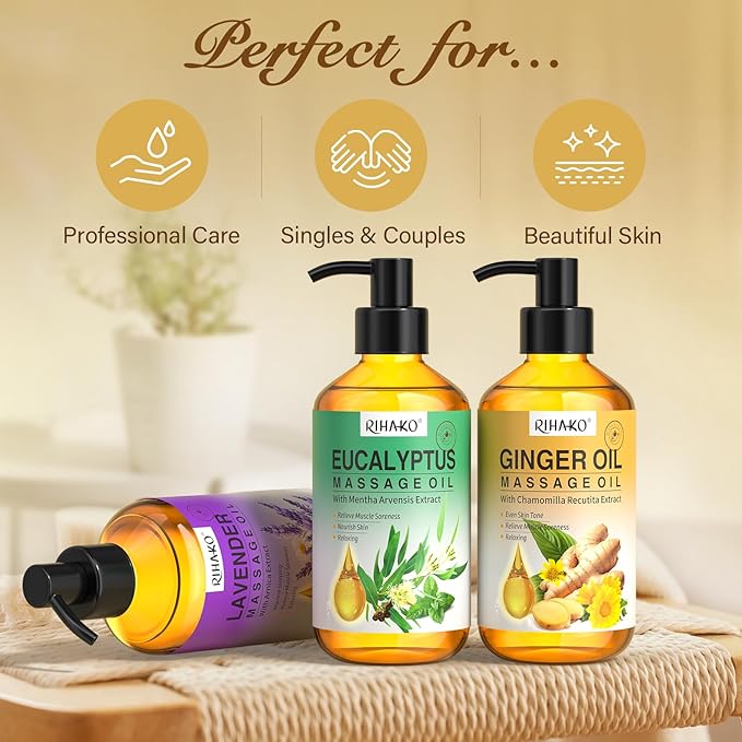 3 Pack Massage Oil for Massage Therapy,Ginger for Lymphatic Drainage, Lavender for Relaxation, Eucalyptus Mint for Muscle Relief | Massage Therapy & Date Night Spa Gift with Massage Ball for Him & Her - Bloomnest