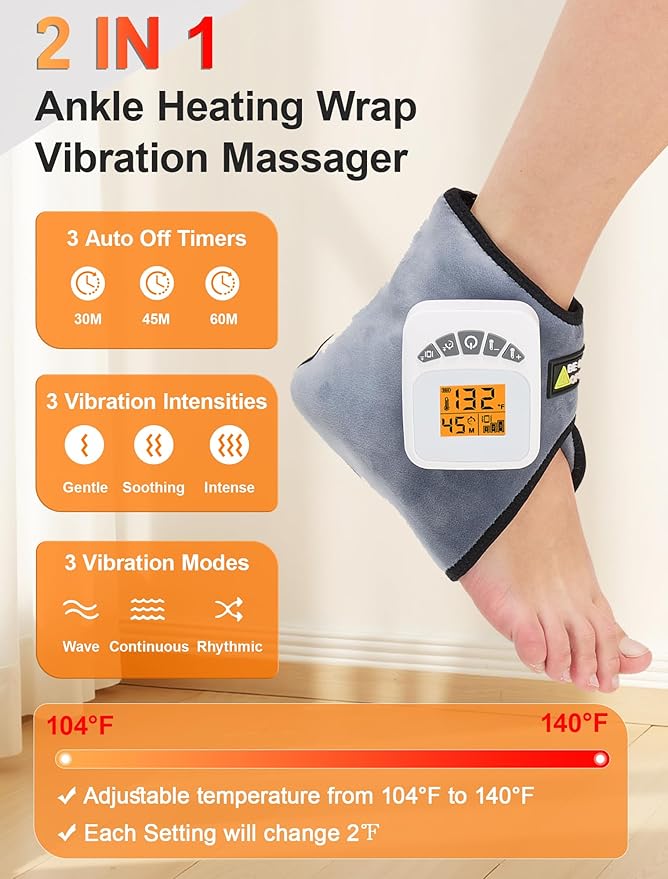 CAMECO 2-in-1 Cordless Ankle Massager with Heat for Achilles Tendinitis, 5000mAh & 104℉-140℉ Heated Ankle Heating Pad with Massage for Arthritis Pain Relief, Portable Heated Foot Warmer Wrap