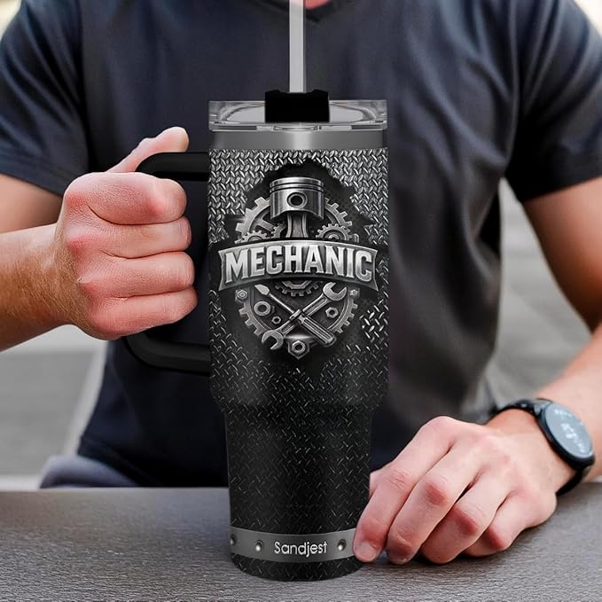 SANDJEST Mechanic Gift for Men, 40oz Stainless Steel Insulated Coffee Tumbler With Lid & Straw, Travel Mug Gift for Dad Husband, Christmas Birthday Father's Day - Bloomnest