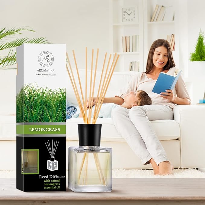 Room Fragrance Diffuser Lemongrass 6.8 Fl Oz - 200ml - with Bamboo Sticks - with Pure & Natural Lemongrass Essential Oil - Intensive Room Scent - Diffuser Gift Set - Bloomnest