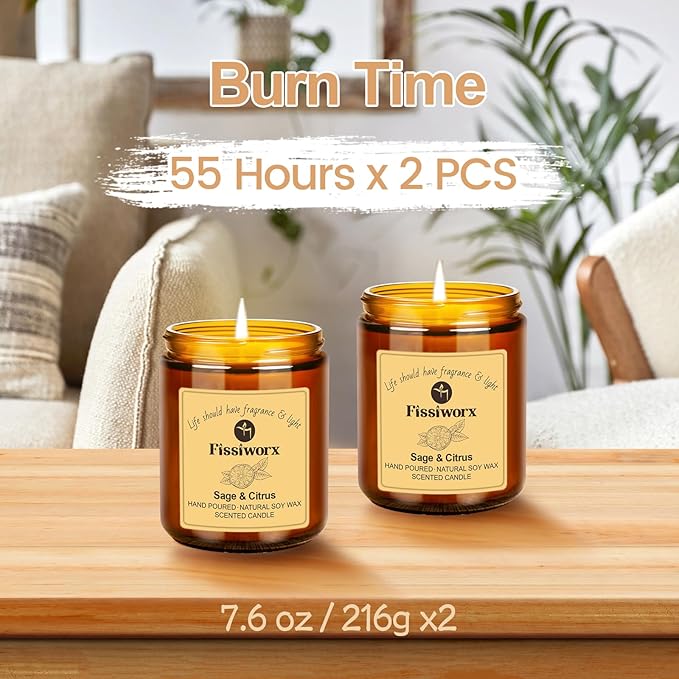 Sage & Citrus Scented Candle Set 2 Pack – Natural Soy Wax Hand-Poured – 60 Hour Long Lasting Burn – Relax and Relieve Stress – Premium Aromatherapy Candle for Home Decor, Gifts - Bloomnest