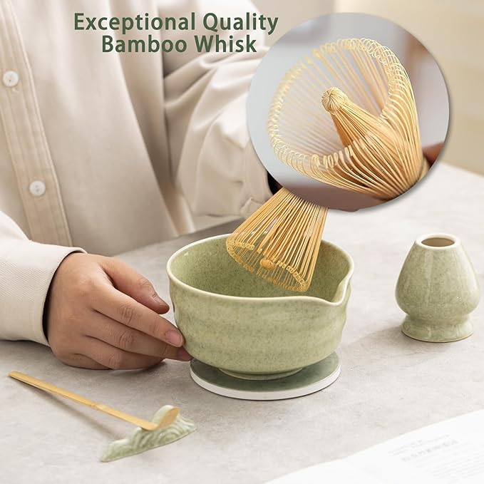 Japanese Matcha Set, Matcha Bowl with Spout and Coaster, Matcha Whisk and Holder, Sifter, Scoop, Spoon, Cleaning Brush,10 Pcs Complete Ceramic Matcha Kit - Bloomnest