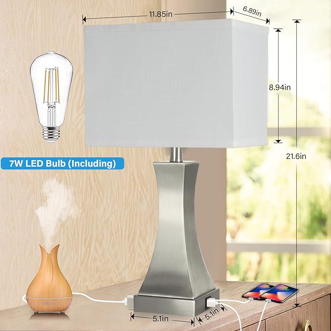 Table Lamp for Bedroom 3-Way Dimmable Touch Control Bedside Lamp with USB A+C Port & Outlet 21.6" Tall Nightstand Lamp for Living Room Bedroom Office and Hotel Bulb Included - Bloomnest