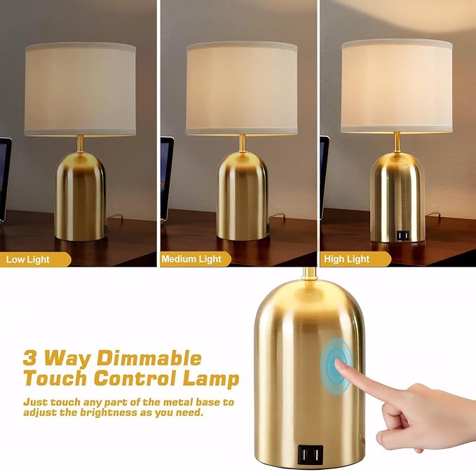 GyroVu Bedside Lamp with USB Port, Touch Control Table Lamp for Bedroom 3 Way Dimmable Modern Nightstand Lamp with Fabric Shade Gold Base for Living Room, Dorm, Home Office, LED Bulb Included - Bloomnest