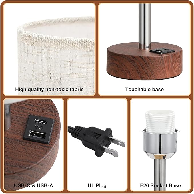 Dicoool Touch Bedside Table Lamp with USB - 3 Way Dimmable Redwood Lamps for Bedroom Nightstand, Desk Lamp with Charging Station for Dorm, Living Room, Office, Kids Room, Nursery - Bloomnest