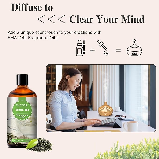PHATOIL 3.38FL.OZ White Tea Fragrance Oils for Aromatherapy, Essential Oils for Diffusers for Home, Perfect for Diffuser, Yoga, Skin Care, DIY Candle and Soap Making - 100ml - Bloomnest