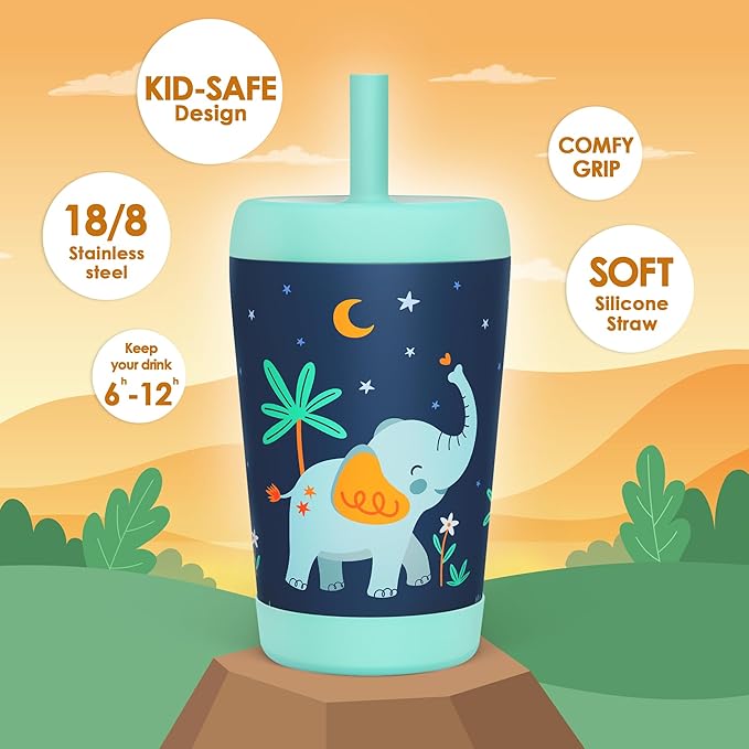 Kid Insulated Stainless Steel Tumbler with Silicone Straw, 12oz Sippy Cup for Kids (Dreamy Elephant) - Bloomnest