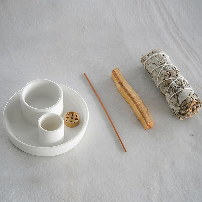 4 in 1 Incense Holder, Palo Santo Stick Holder,Sage Holder for Burning- 4.25" Sage Incense Holder for Meditation Room Home Decor (White Speckles) - Bloomnest