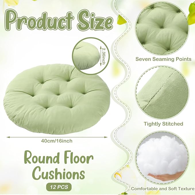 Fumete 12 Pcs Floor Pillows Cushions Seating 16 x 16 Inches Color Round Seat Reading Floor Chair Cushions for Kids Adults Classroom Home School Playing Supplies(Green) - Bloomnest