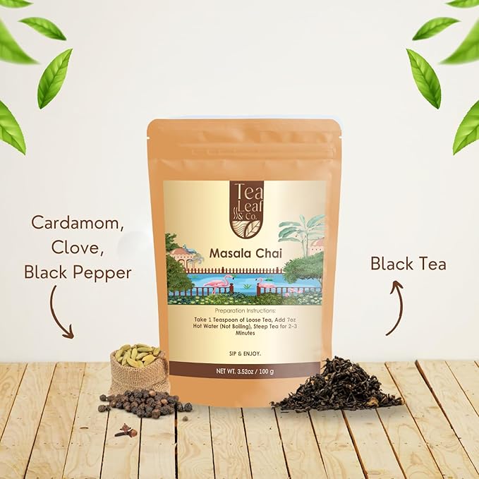 Tealeaf & Co. Masala Chai - Loose Leaf Black Tea Blended with Organic Spices (Ginger, Cardamom, Black Pepper & Cloves Whole Organic) - Low Caffeine (3.52oz/100gm) - Bloomnest