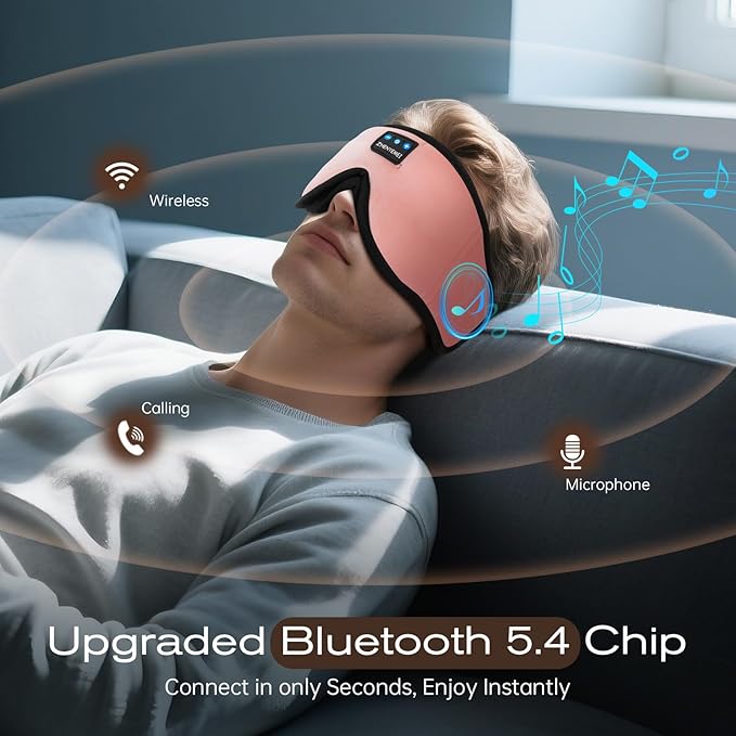 3D Sleep Mask with Bluetooth Headphones, Sleeping Headphones for Side Sleepers, Wireless Music Eye Mask with Ultra-Thin Stereo Speakers for Men, Women, Tech Gifts, Pink - Bloomnest