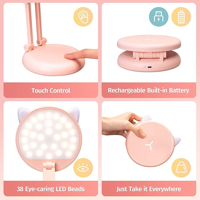 One Fire Cute Desk Lamp Pink Dorm Lamps for College Girls Foldable Portable Rechargeable Dimmable Cute Cat Lamp Kawaii Room Decor,College Dorm Decor for Girls Pink Classroom Essentials - Bloomnest