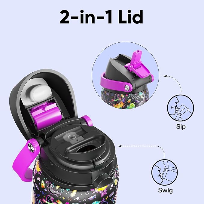 Insulated Water Bottle with Straw - Encool Stainless Steel Water Bottle with Push Button Lid, Leak-Proof & BPA-Free, Keeps Cold for 24 Hours for Sports, Travel, Gym (32 oz, Meowgic Night) ENCOOL