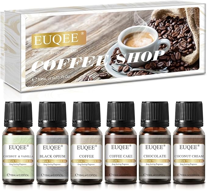 EUQEE 6PCS Coffee Fragrance Oil Set(10ml), Premium Fragrance Essential Oils Set for Candle Making, Diffuser-Coffee, Chocolate, Cake, Coconut Cream, Coconut & Vanilla EUQEE