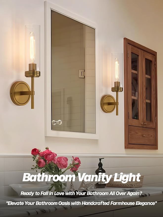 Modern Wall Sconces Set of Two Brass Gold Bathroom Vanity Light with Handblown Clear Glass Hardwired Wall Sconce Light for Bathroom Mirror Bedroom Livingroom Hallway Indoor - Bloomnest