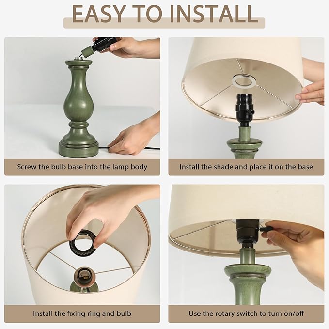 Seealle Farmhouse Table Lamps Set of 2 - Rustic Lamp for Bedroom Living Room, 22" Boho Bedside Lamps for Night Stands End Table Office Desk Lamp Nightstand with Linen Shades(Antique Green) - Bloomnest