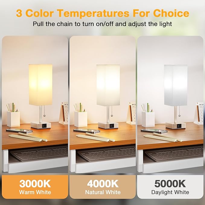 aooshine White Small Table Lamp for Bedroom - 3 Color Temperature 3000K 5000K 4000K Bedside Lamp, Pull Chain Control, USB A and C Ports, Light Gold Base, Bulb Included - Bloomnest