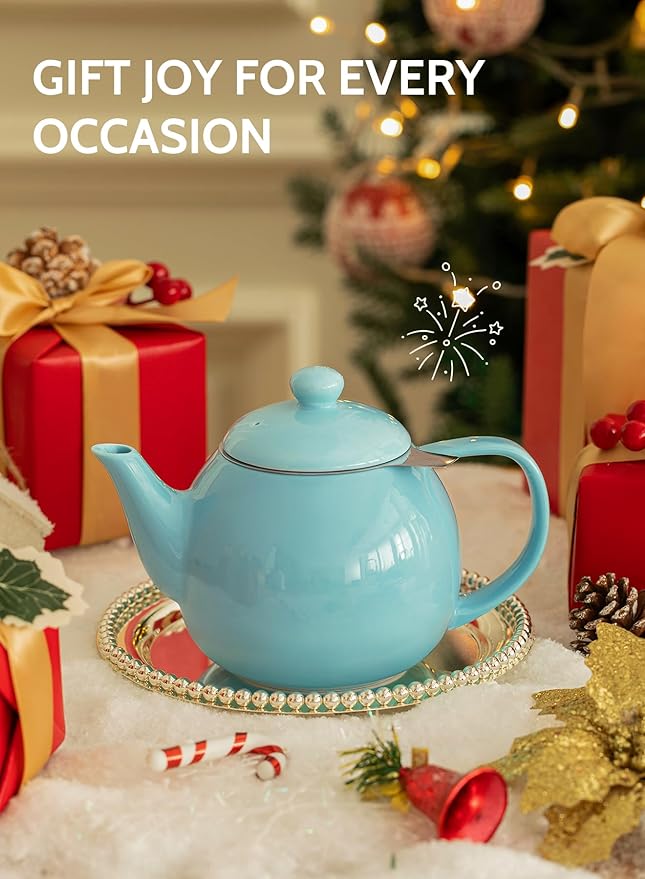 Sweese Teapot, Porcelain Tea Pot with Stainless Steel Infuser, Blooming & Loose Leaf Teapot - 27ounce, Turquoise - Bloomnest