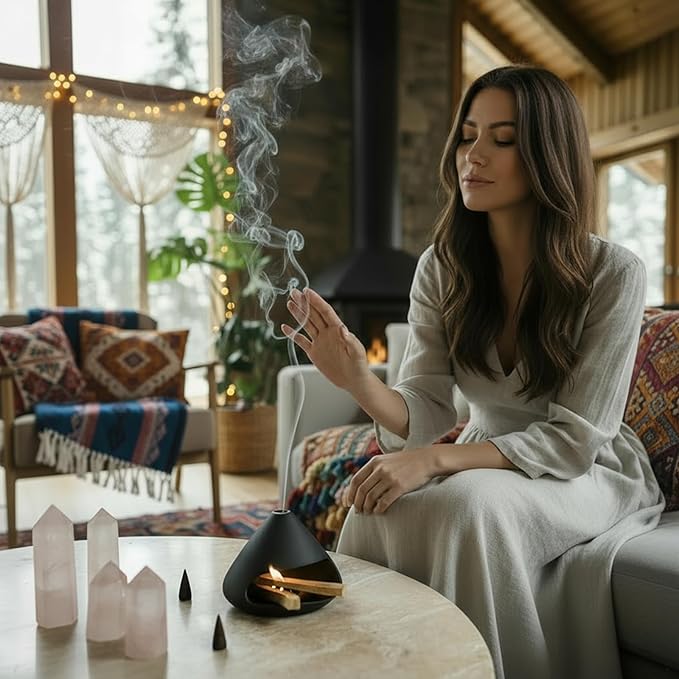 Palo Santo Holder Incense Burner, Sage Sticks Holder, Zongzi Clay Smudge Bowl with Chimney, Mini Cone Ceramic Fireplace for Cedar, Yoga, Sleep, Home Decor, Anxiety Relief Meditation for Women (Black) DIDIBIRD