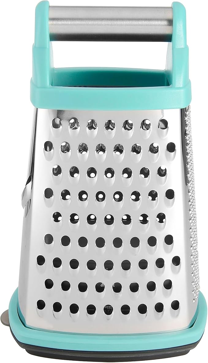 KitchenAid Gourmet 4-Sided Stainless Steel Box Grater for Fine, Medium and Coarse Grate, and Slicing, Detachable 3 Cup Storage Container and Measurment Markings, Dishwasher Safe, 10 inches tall, Aqua - Bloomnest