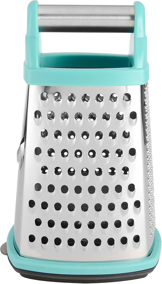KitchenAid Gourmet 4-Sided Stainless Steel Box Grater for Fine, Medium and Coarse Grate, and Slicing, Detachable 3 Cup Storage Container and Measurment Markings, Dishwasher Safe, 10 inches tall, Aqua - Bloomnest