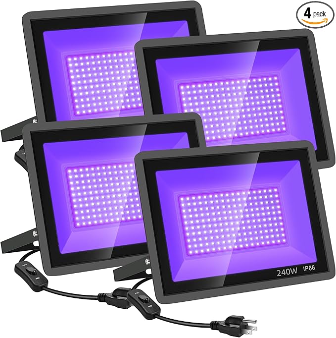 4 Pack 240W LED Black Light,Black Flood Light Outdoor with Plug and Switch, IP66 Waterproof Blacklight Flood Light Neon Glow for Glow Party, Halloween, Fluorescent Poster, Body Paint, Aquarium - Bloomnest