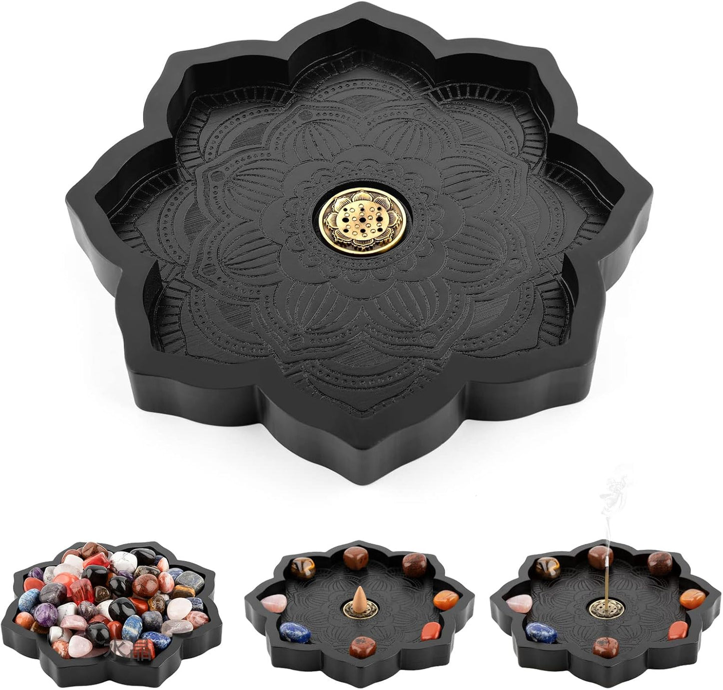 Lotus Crystal Tray, Wooden Incense Burner for Stick/Cone, Gemstone Display Holder, Organizer for Rocks, Essential Oil, and Jewelry