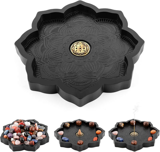 Lotus Crystal Tray, Wooden Incense Burner for Stick/Cone, Gemstone Display Holder, Organizer for Rocks, Essential Oil, and Jewelry