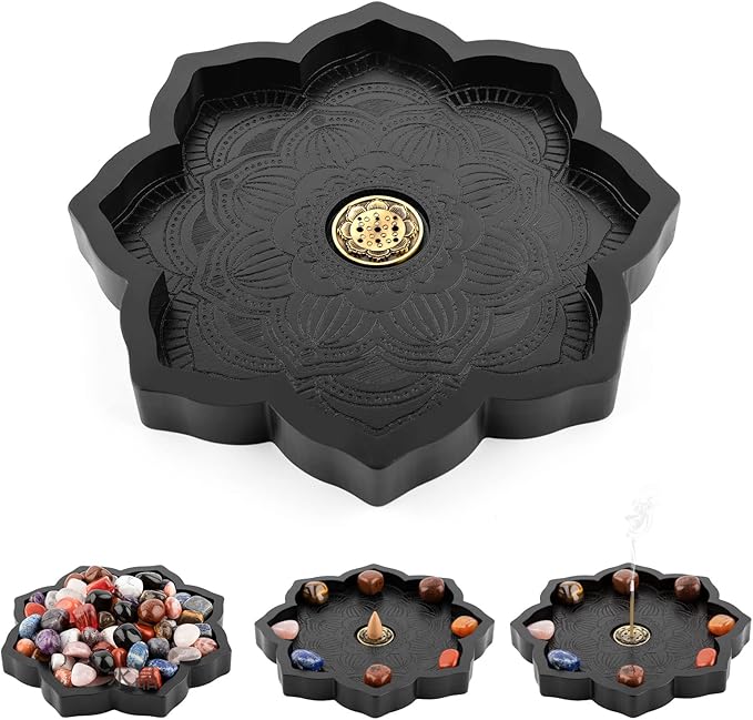 Lotus Crystal Tray, Wooden Incense Burner for Stick/Cone, Gemstone Display Holder, Organizer for Rocks, Essential Oil, and Jewelry - Bloomnest