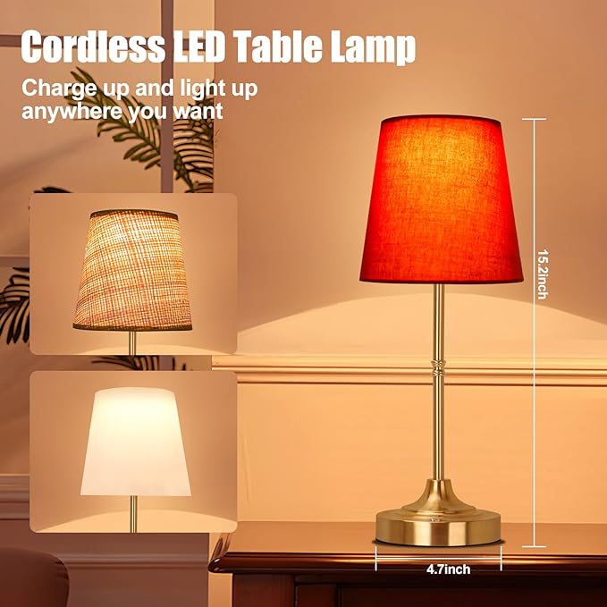 Portable Cordless Table Lamp 5200mAh Rechargeable Battery Powered Lighting, Three Color Dimmable Light, Fabric Shade Desk Lamp for Dining Room, Bedroom, Bedside, Bar, Night Light, Balcony - Bloomnest