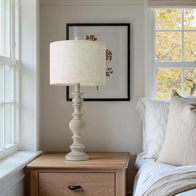 BOBOMOMO 27" Antique Gray Table Lamps Set of 2, Large Farmhouse Resin Lamps with Linen Shades, Vintage Gray Lamps for Living Room, Bedroom, or Console Table Rustic Traditional Décor - Bloomnest