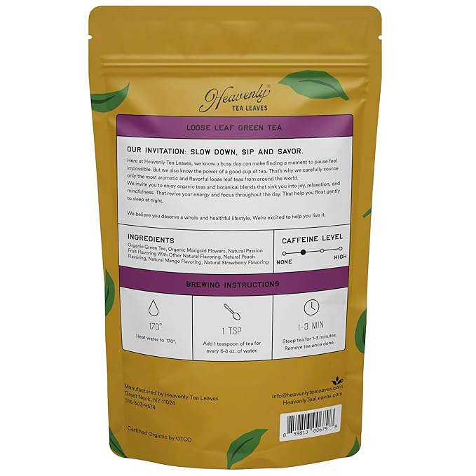 Heavenly Tea Leaves Organic Passion Green, Bulk Loose Leaf Green Tea, 1 Lb. (Approx. 200 Servings) - Antioxidant Rich, Immune Boosting, Hot or Iced Tea, Great Natural Energy Source - Bloomnest