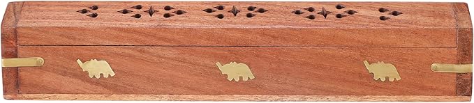 DEVLA Beautiful Handmade Wooden Brown Incense Stick Holder Burner Storage Coffin Box - Ash Catcher with Brass Inlay Good for Peace and Your Mental Health 12x2.5x2.5 inch - Bloomnest