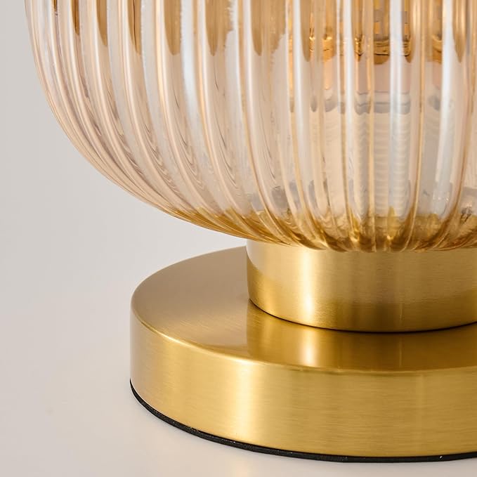 Mid Century Globe Table Lamp: Amber Vintage Pumpkin Ribbed Glass Dimmable Plug in Bedside Lamps - Cute Brass Gold Modern Side Table Lamp Nightstand Light for Bedroom Entryway Office Desk Living Room - Bloomnest