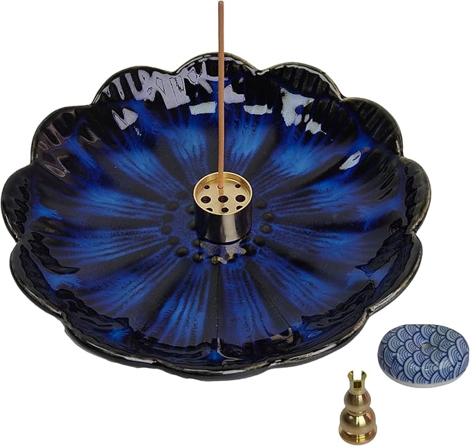 Ceramic Incense Holder for Sticks, Handmade Incense Burner Trays with 3 Pcs Incense Holes, Multi-Purpose Ash Catcher for Coils, White Sage & Palo Santo, Smudge Bowl for Meditation Yoga Decor (Blue)