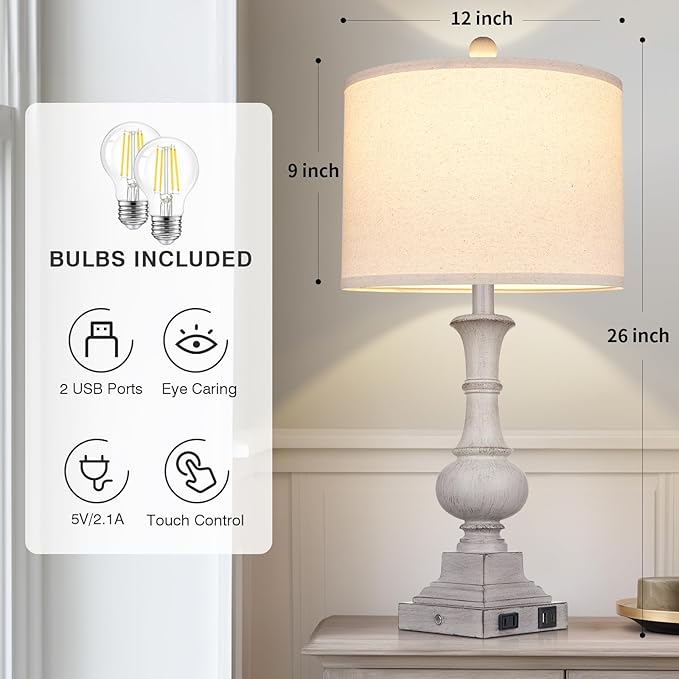 Farmhouse Lamps Set of 2, 26" Vintage Rustic Touch Control Bedside Lamp with USB A+C Ports & AC Outlet, 3-Way Dimmable Boho Nightstand Lamp Washed Resin Linen Fabric Shade for Living Room Bedroom Grey - Bloomnest